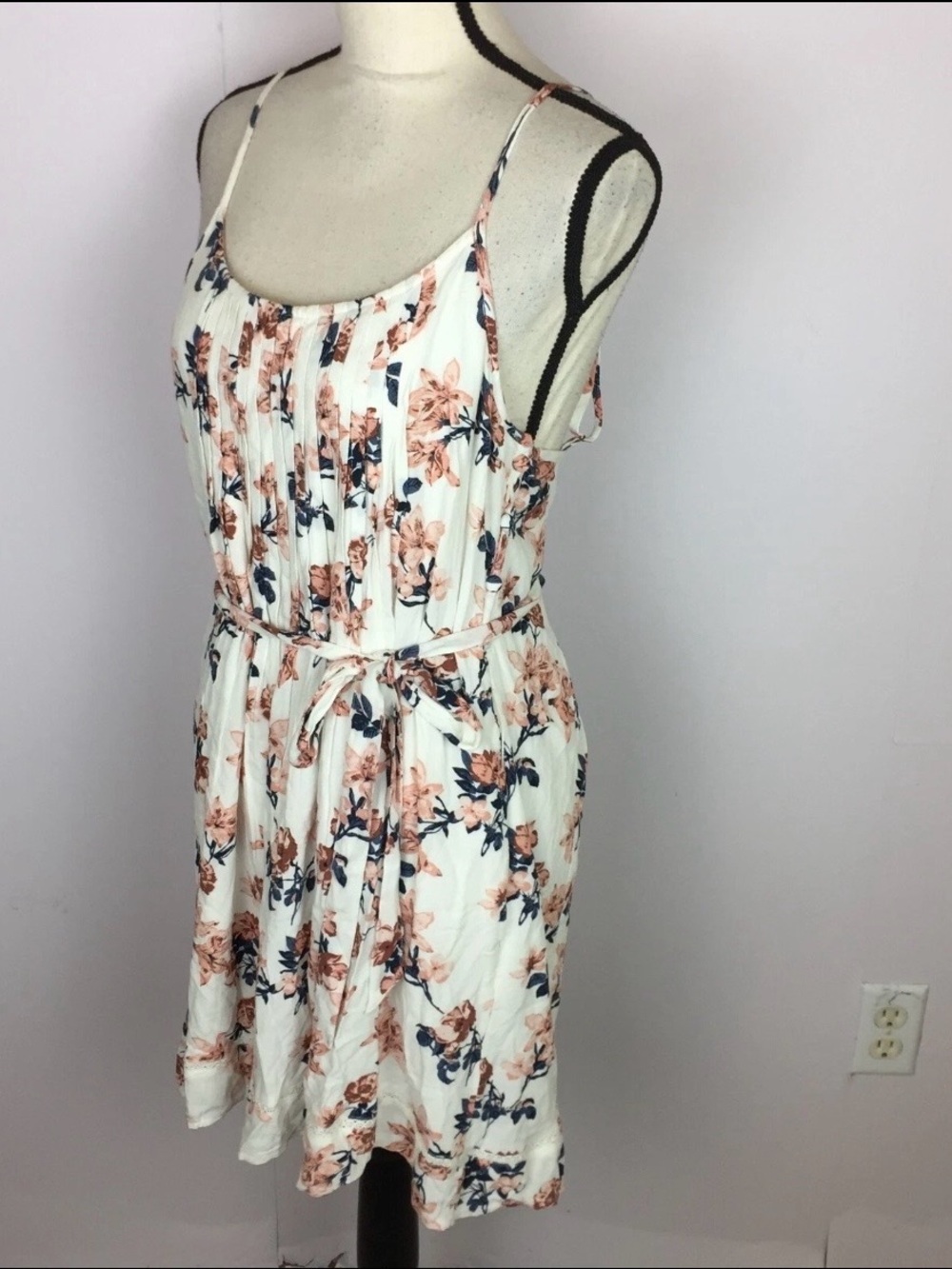 Abercrombie & Fitch Floral Spaghetti Strap Mini Dress in Cream with Pink & Navy